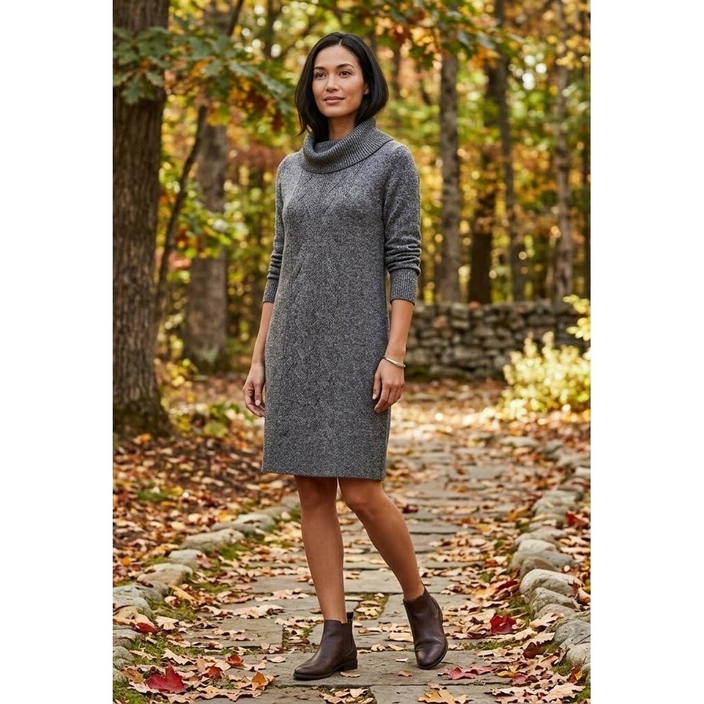 Banana Republic Sweater Dress Womens L Petite Gray Cowl Neck Cable Knit NEW NWT